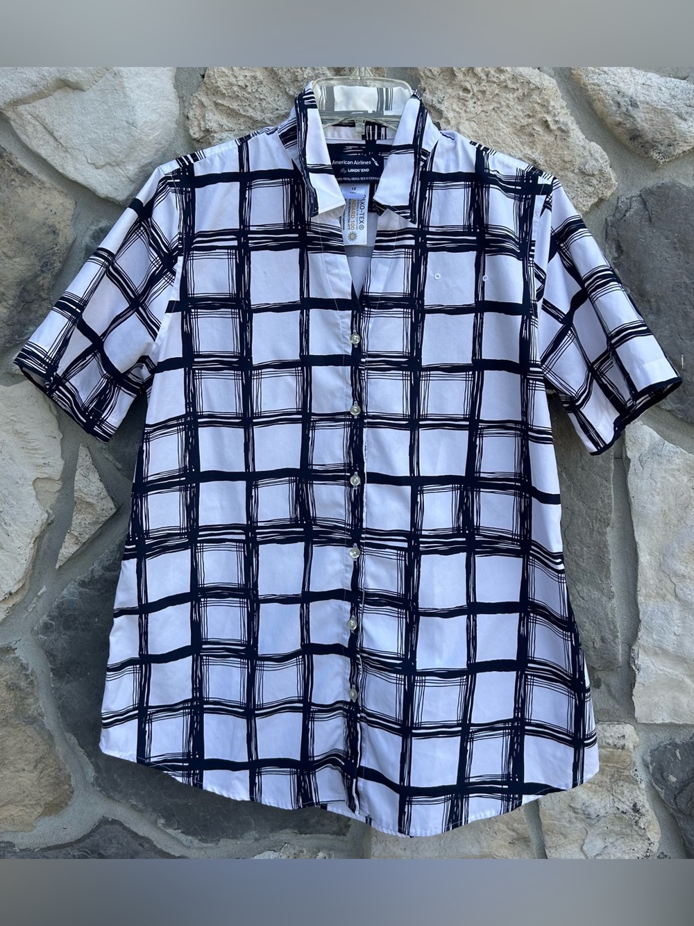 Lands Ends American Airlines Uniform Top 12 TALL Cotton Button Up Navy White